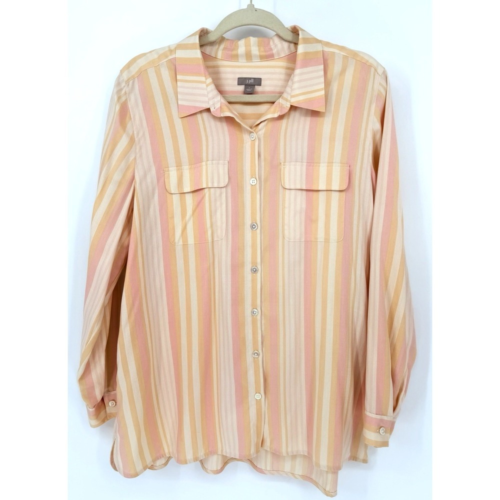 J. Jill 100% Silk Blouse L  Striped Long Sleeve Button Front‎ Shirt Quiet Luxury